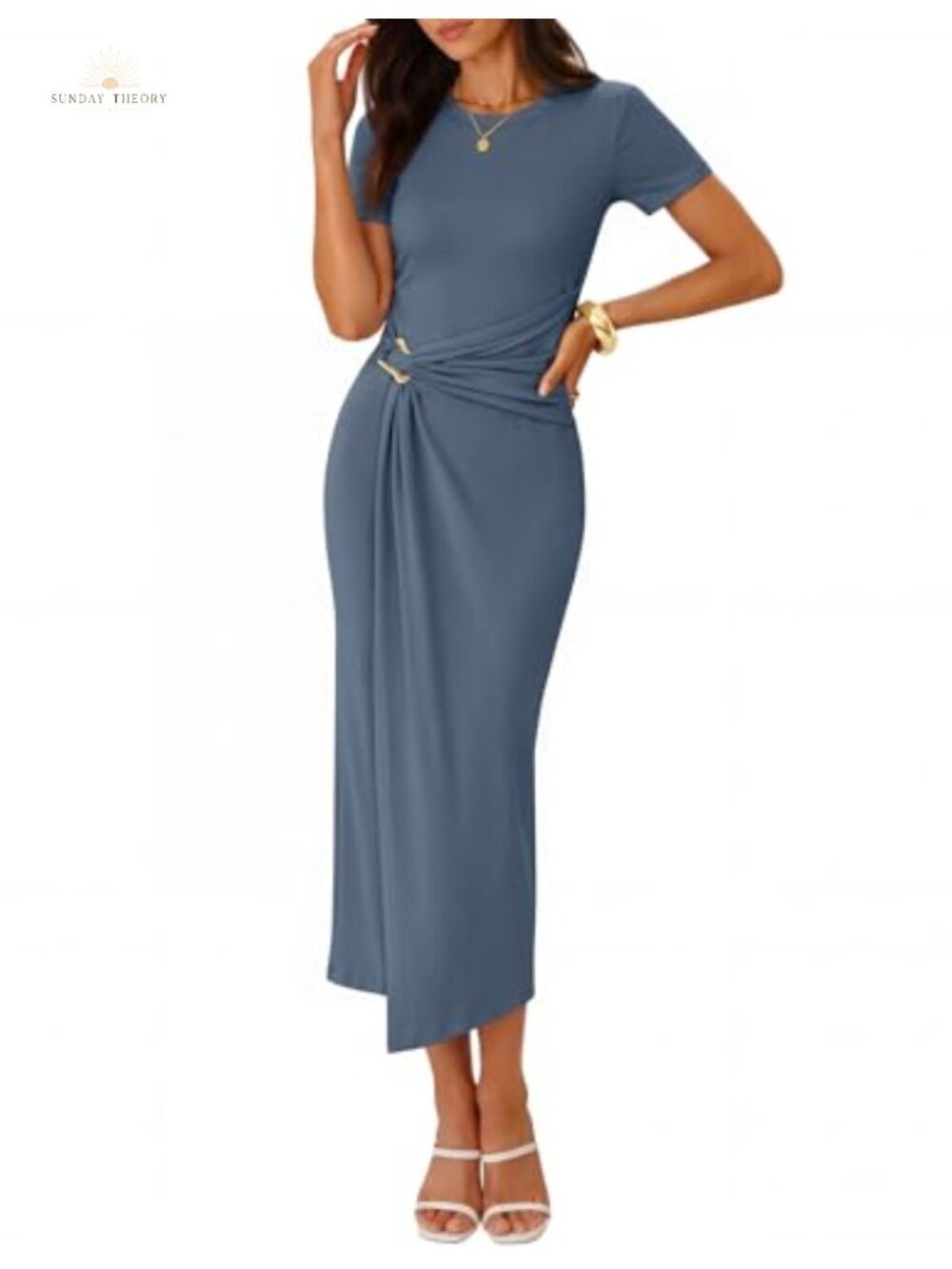 ZESICA Women's Summer Short Sleeve Wrap Cocktail Midi Dress, Round Neck, Metal